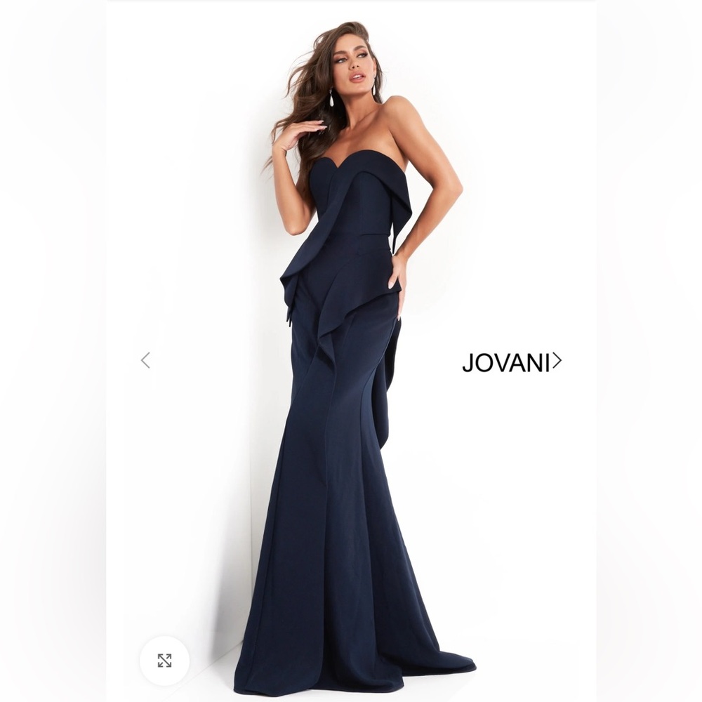 Jovani Navy Blue Layered Strapless Gown Formal Wedding